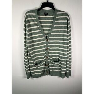 J.Crew Cardigan Womens M Linen Striped Knit V-Neck Button Front Pocket Green